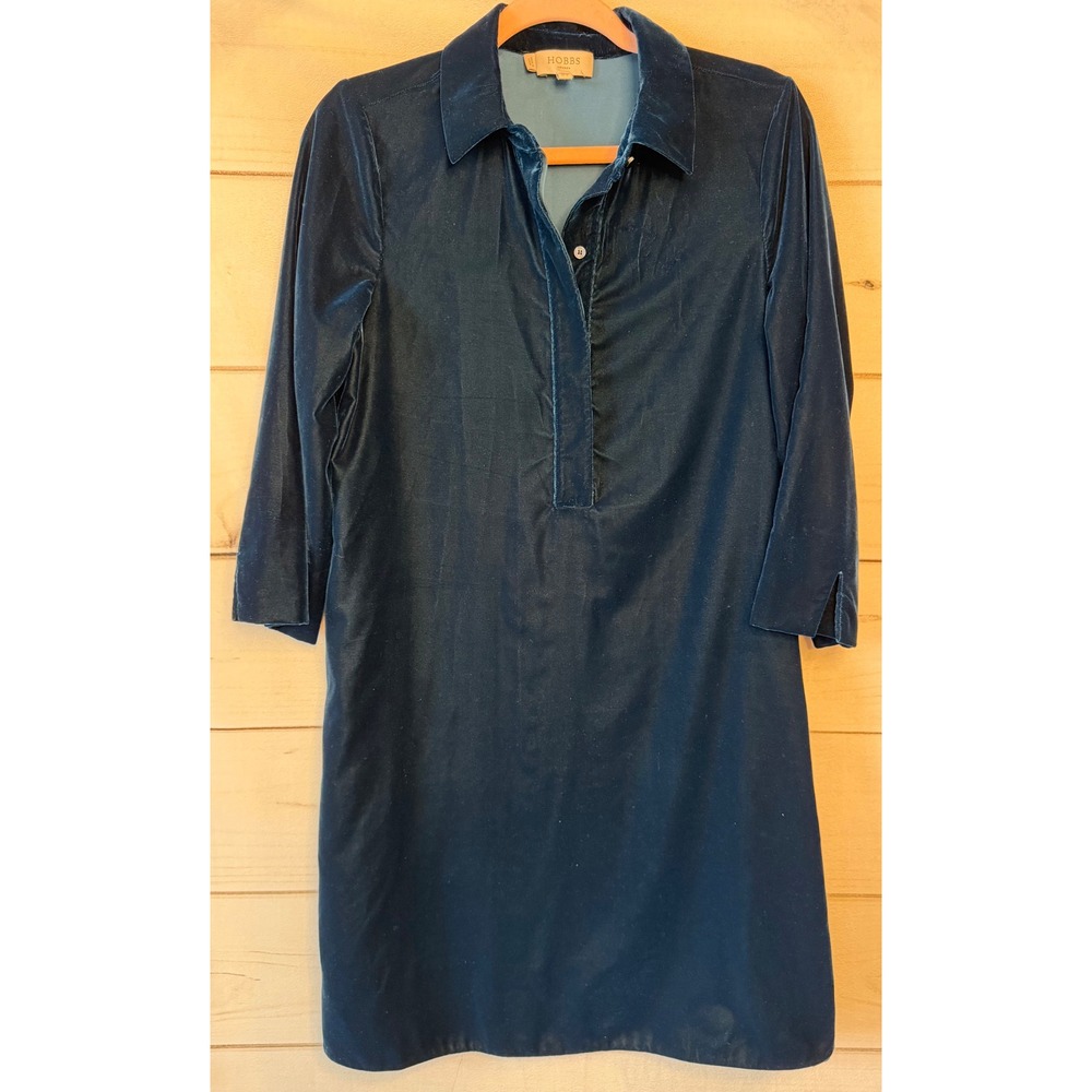 Hobbs London Teal Blue Velvet Shift Dress 3/4 Sleeve Size US 4 UK 8